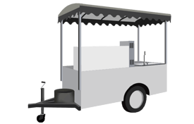 Smaller cart-type trailer usually used to prepare and serve single items like hotdogs or ice cream.