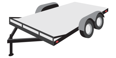 Open trailer typically used for hauling a single car, small equipment, or ATVs, often equipped with ramps or a dove-tail.